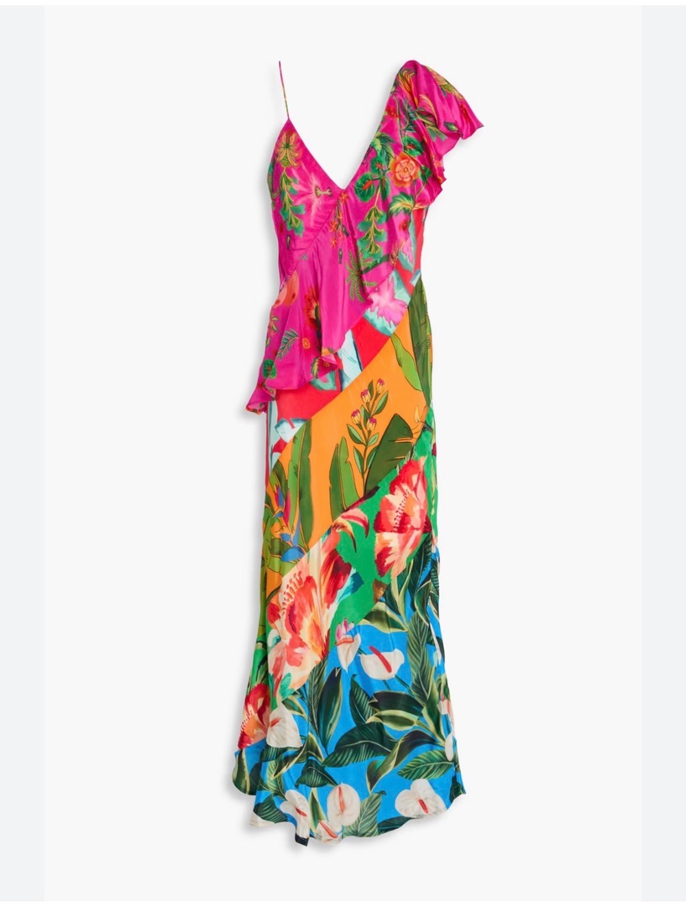 Farm Rio Mixed Flowery Ruffle One Shoulder Midi Dress XS $328